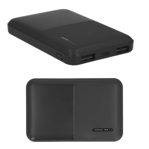 SO-083, Bateria portátil de plástico para suministro de carga de teléfonos, tablets, cámaras digitales, juegos, mp3, mp4, con botón de encendido y apagado, 2 puertos de salida USB, entrada micro USB e indicador de carga. Cap. 5000 mAh.